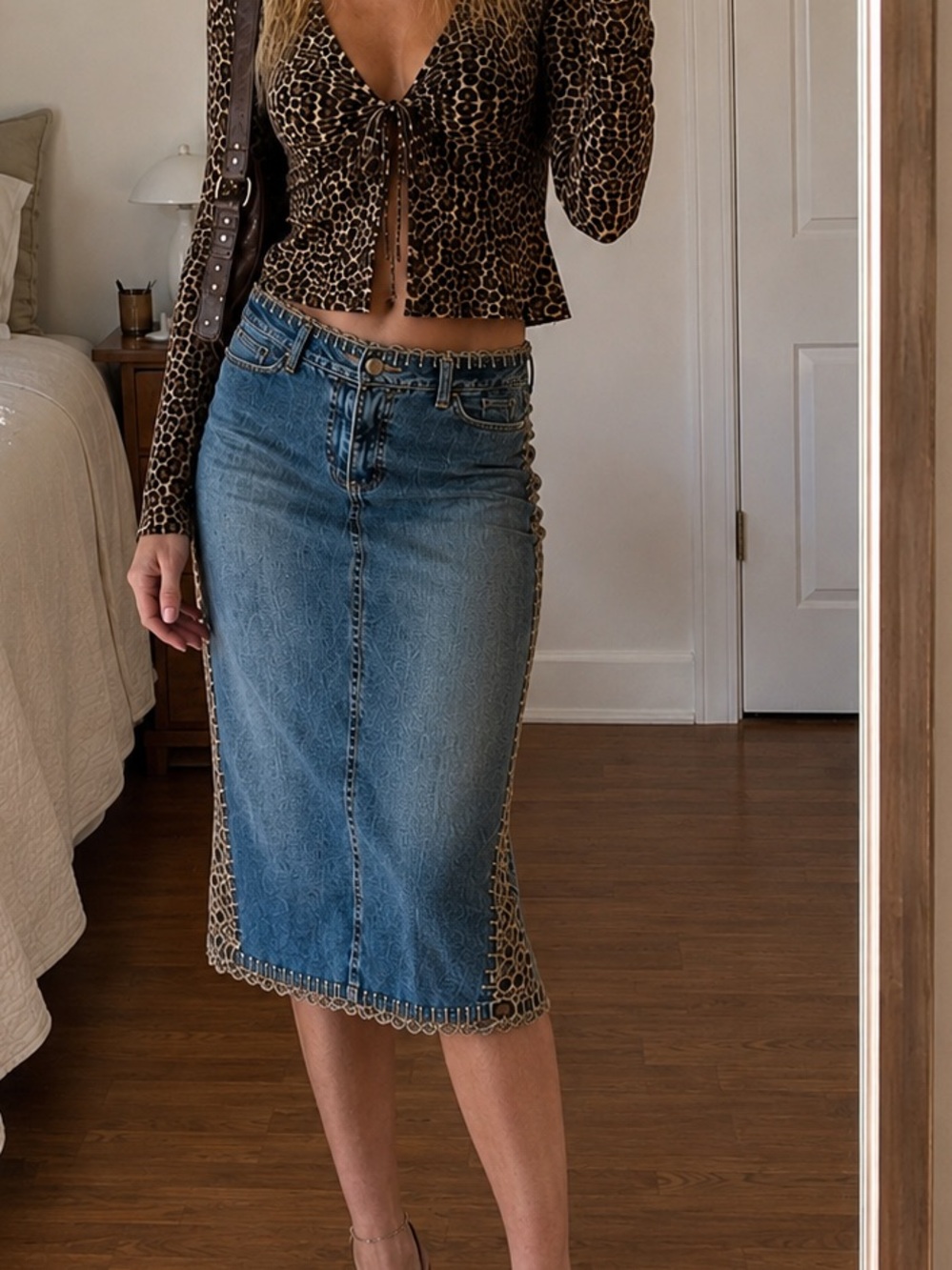 Denim and Crochet Y2K Midi Skirt
